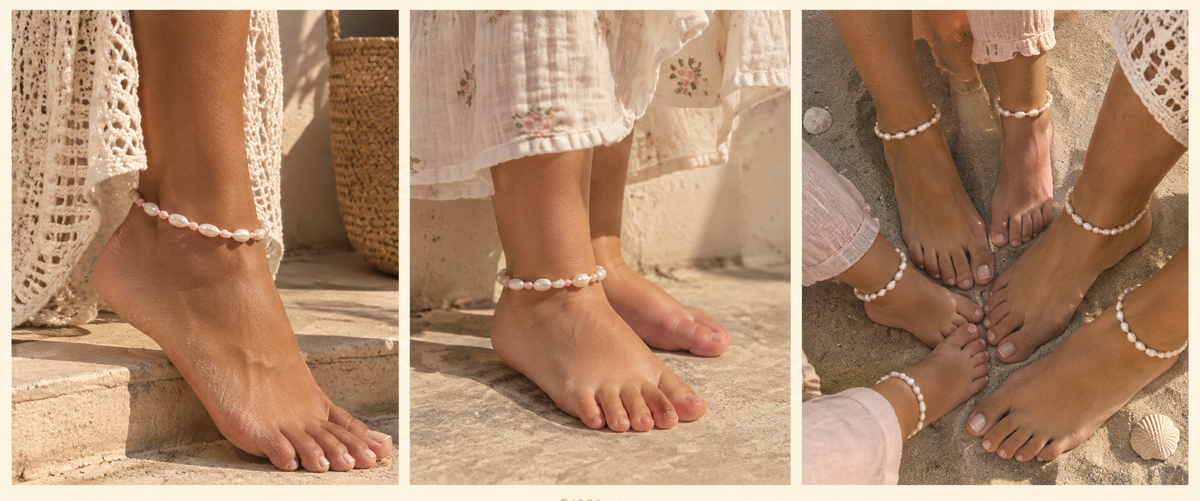 Three photos of matching pearl anklets worn by an adult, a child, and a group at the beach