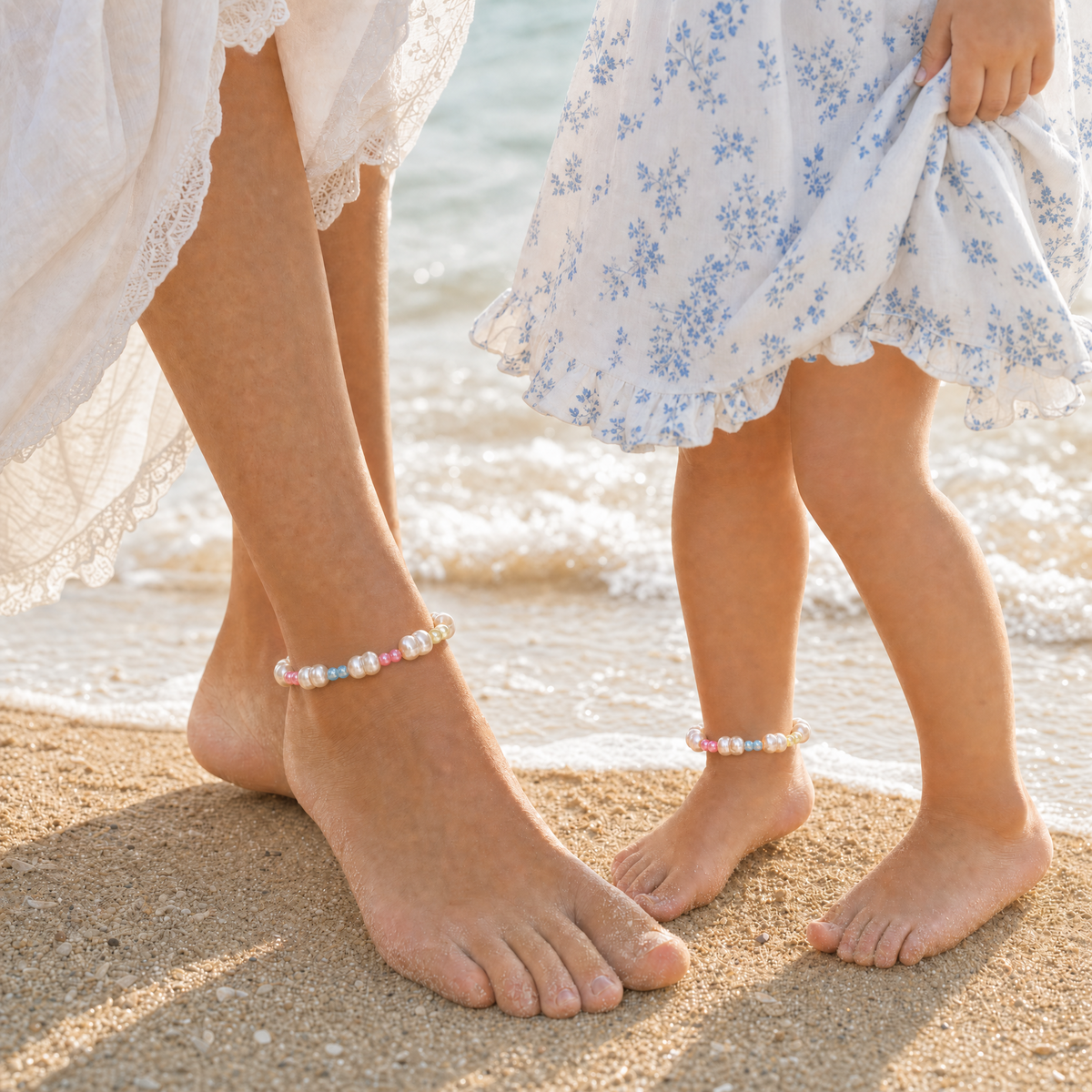 Mother and daughter wearing matching pearl and colorful pastel-bead anklets at the beach